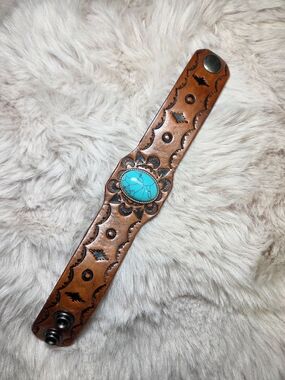 Brown Tooled Leather Bracelet with Turquoise Cabochon